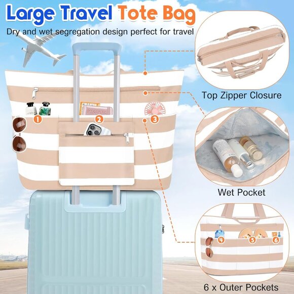 Women's Khaki White Waterproof Sandproof XL Tote Zipper Foldable Beach Bags - Picture 3 of 8